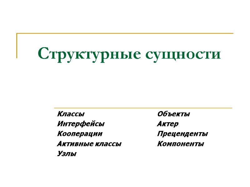 Структурные сущности Классы    Объекты Интерфейсы   Актер Кооперации  
